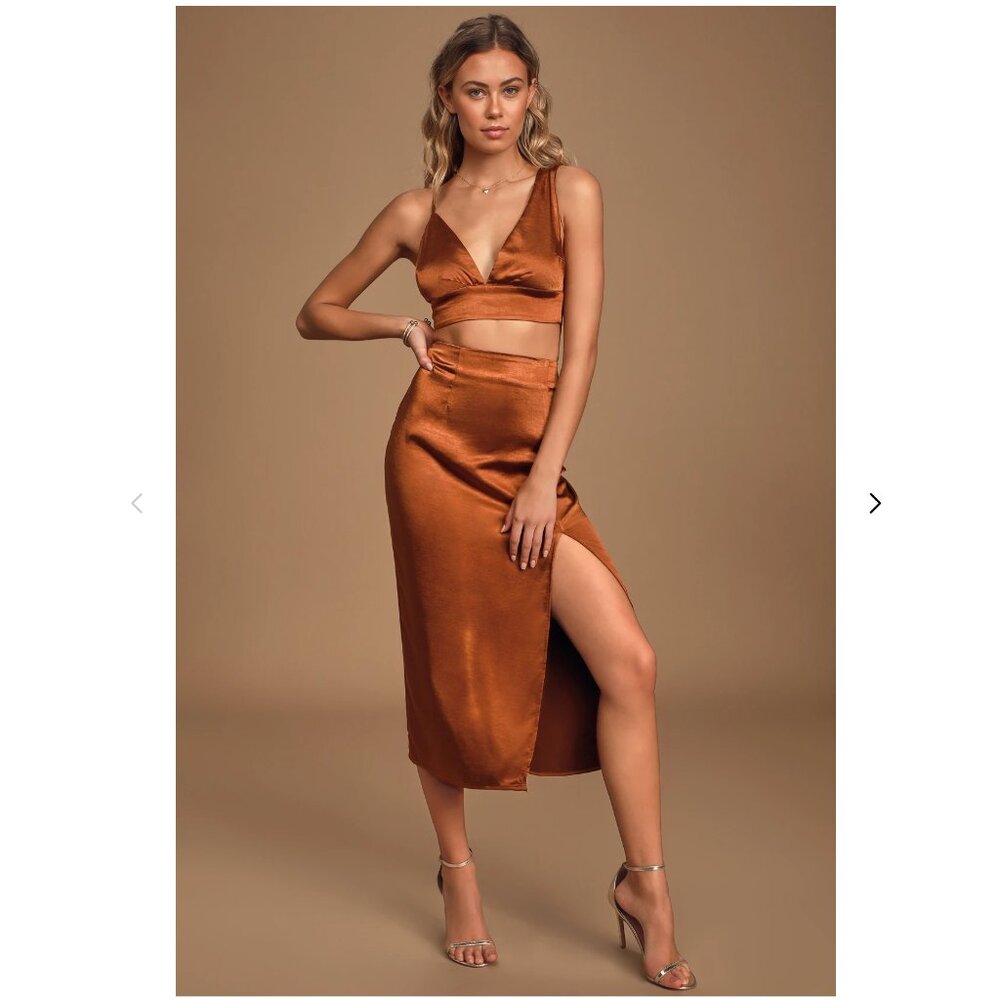 Lulus | Watch Me Wow Rust Brown Satin Midi Skirt NWOT